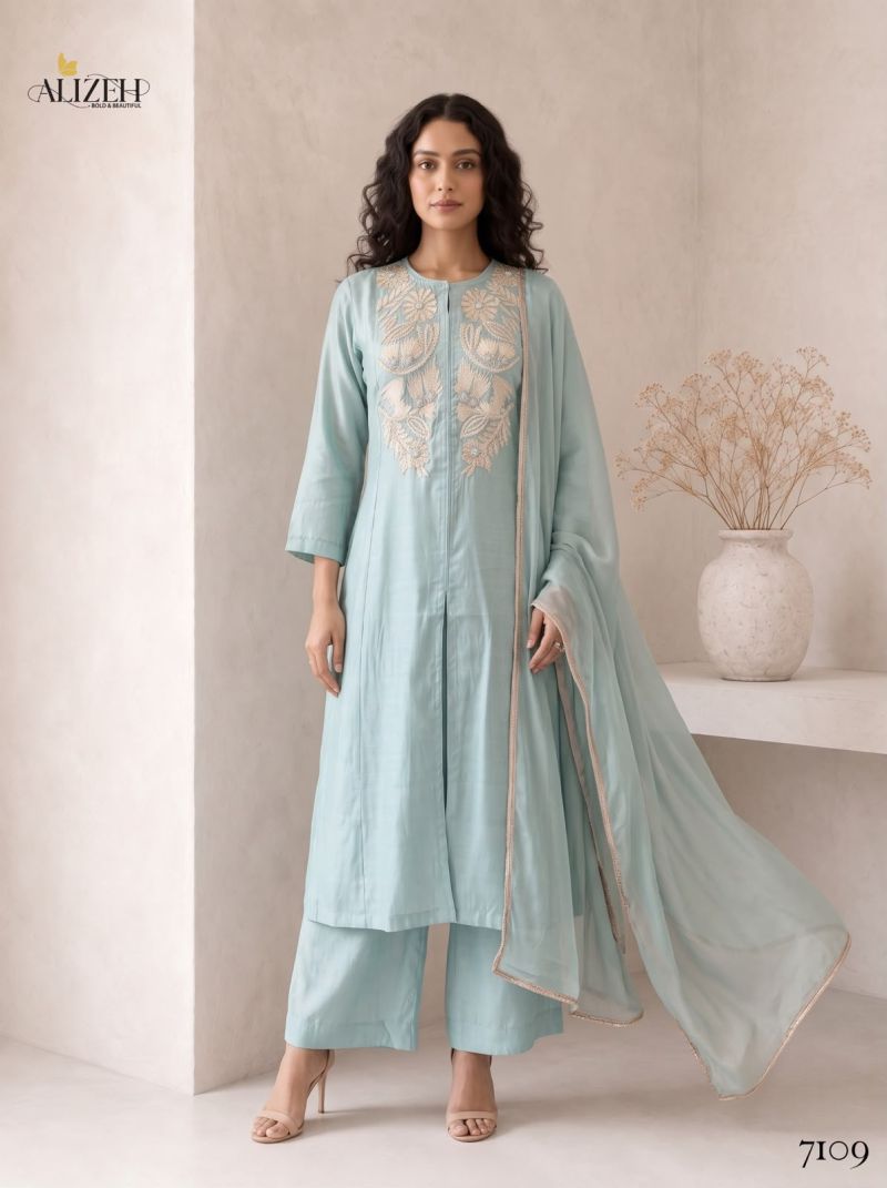 Alizeh 7106 To 7109 Roman Silk Embroidered Kurti With Bottom Dupatta Set