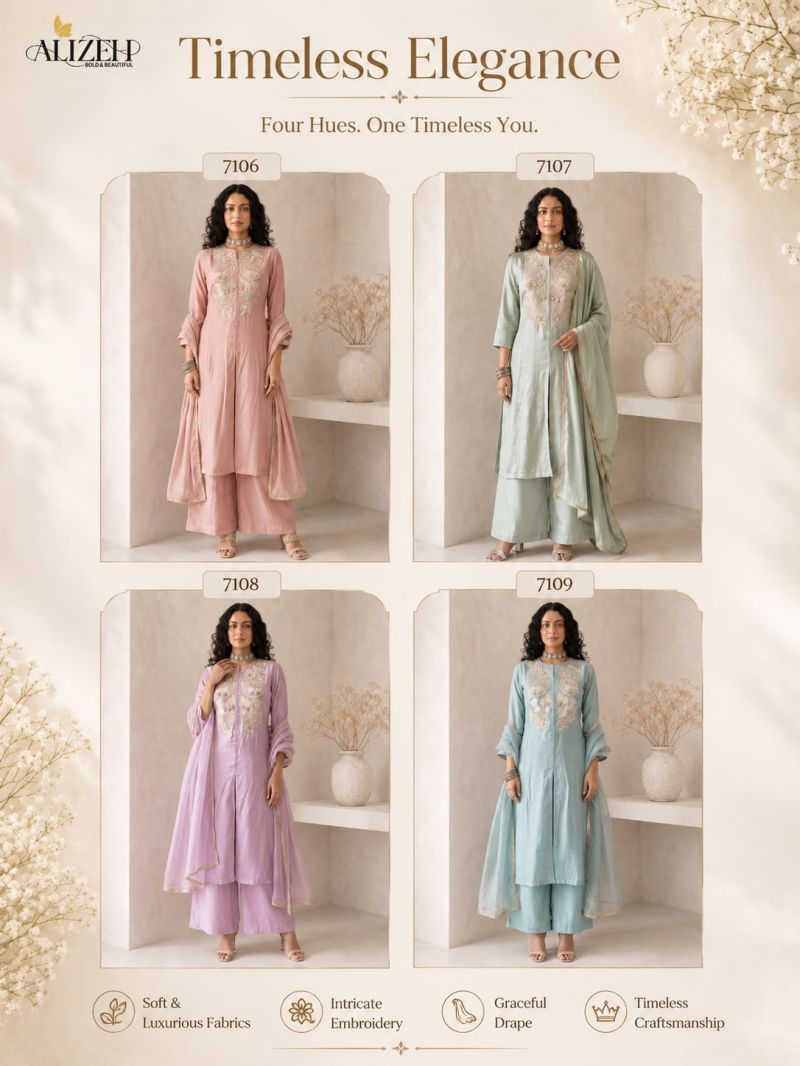 Alizeh 7106 To 7109 Roman Silk Embroidered Kurti With Bottom Dupatta Set — Wholesale Kurtis, Vardan Ethnic wholesale from Surat — view 5