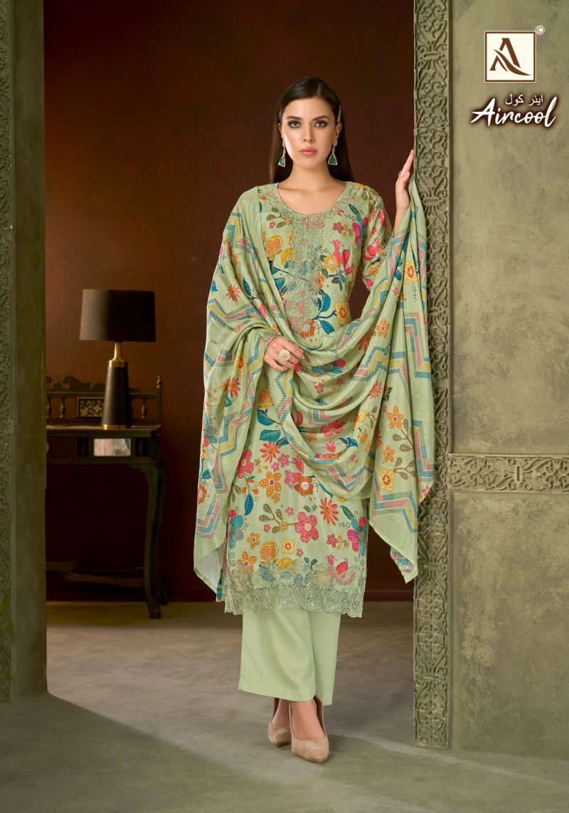 Alok Aircool Viscose Maslin Digital Print Embroidered Dress Material