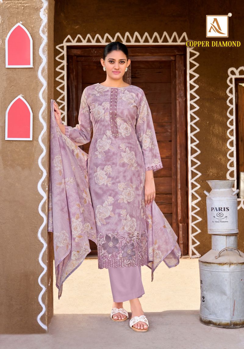 Alok Copper Diamond Cotton Foil Printed Dress Material Catalog — Wholesale Dress Material, Alok Suit wholesale from Surat — view 4