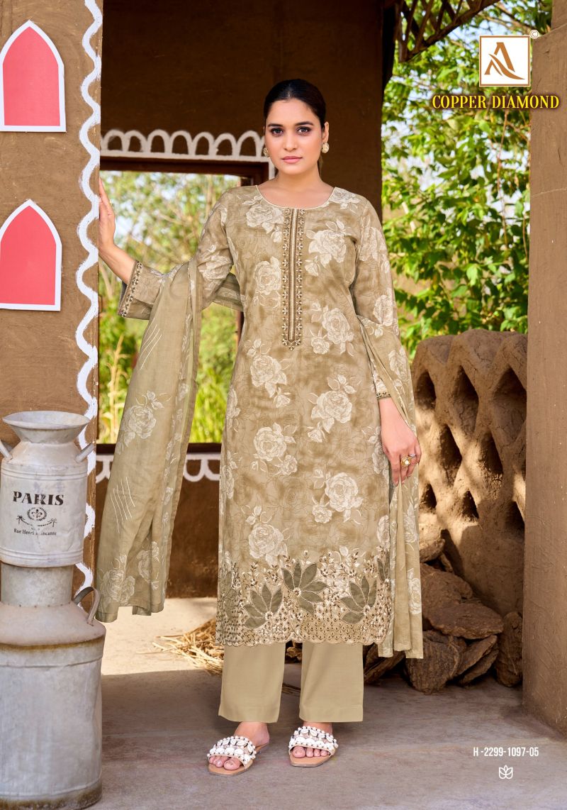 Alok Copper Diamond Cotton Foil Printed Dress Material Catalog — Wholesale Dress Material, Alok Suit wholesale from Surat — view 3