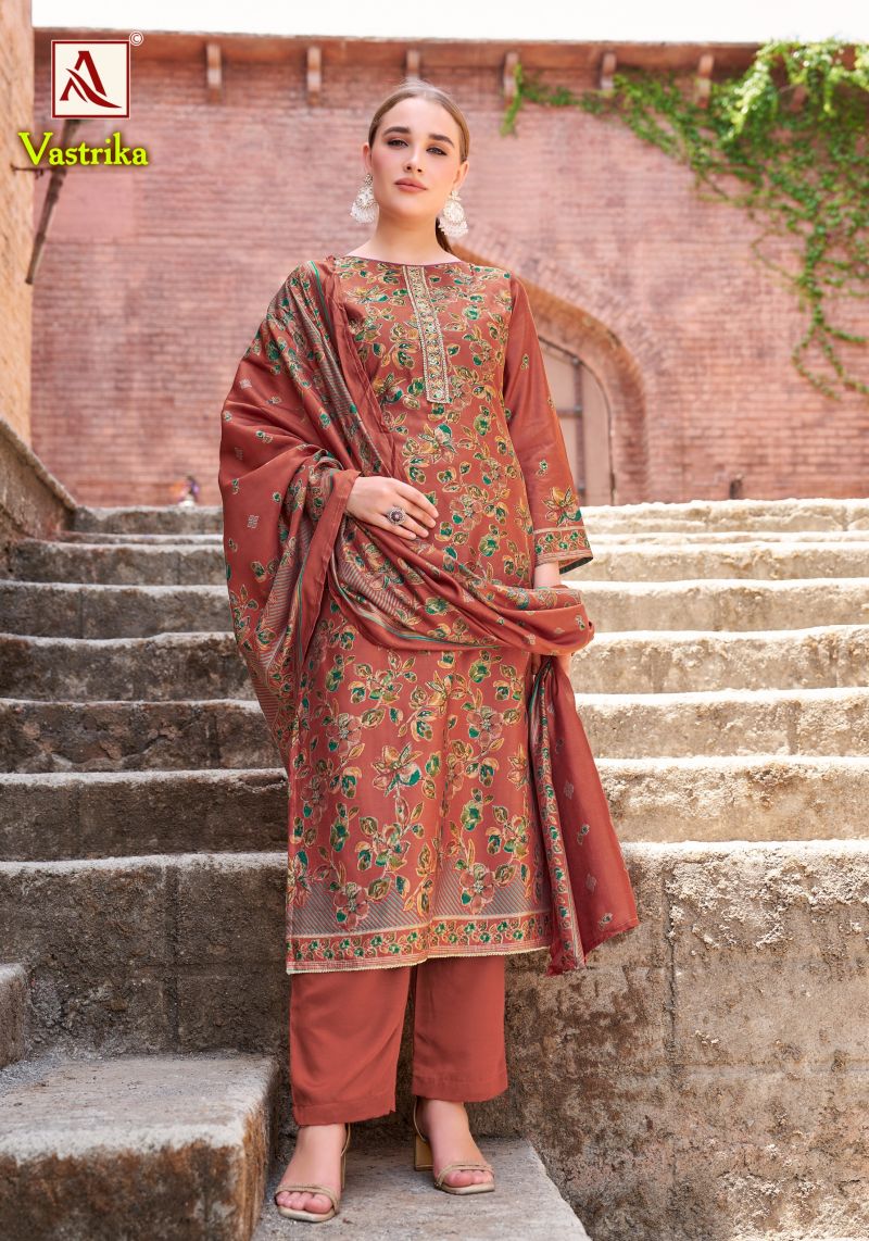 Alok Vastrika Viscose Dicharge Print Embroidered Dress Material Catalog