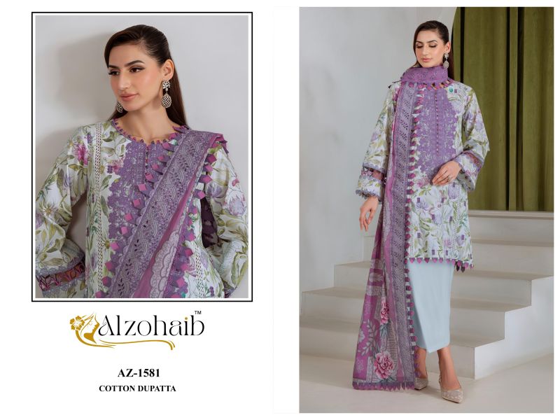 Alzohaib Aiza Vol 1 Chiffon Dupatta Cotton Patch Work Pakistani Suit Catalog — Wholesale Readymade Suit, Vardan Ethnic wholesale from Surat — view 3