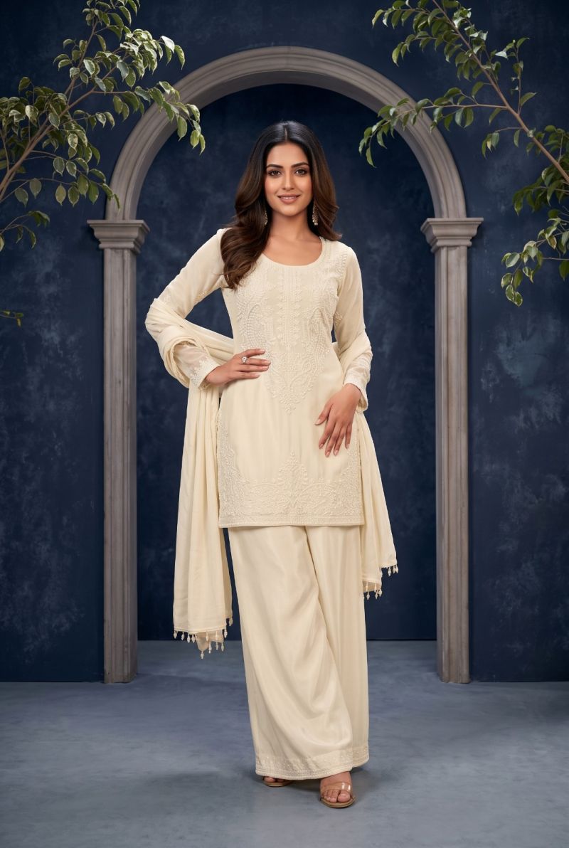 Aurraa Leena Chinon Beads Work Kurti Sharara With Dupatta Catalog
