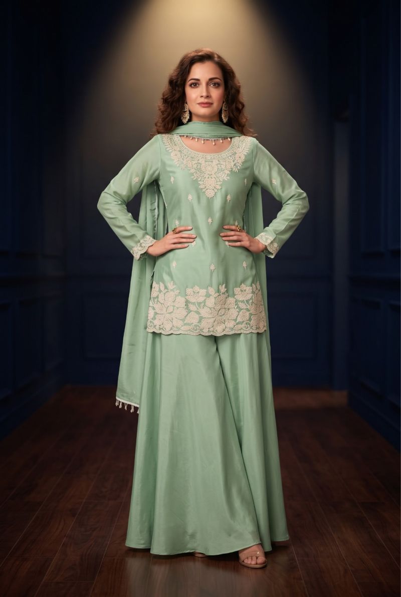 Aurraa Neela Chinon Beads Work Kurti With Bottom Dupatta Set