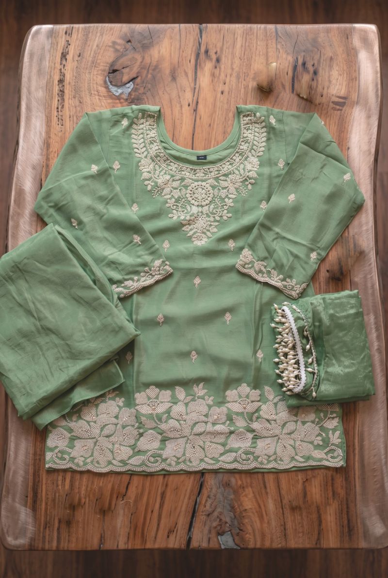 Aurraa Neela Chinon Beads Work Kurti With Bottom Dupatta Set — Wholesale Readymade Suit, MPA wholesale from Surat — view 2