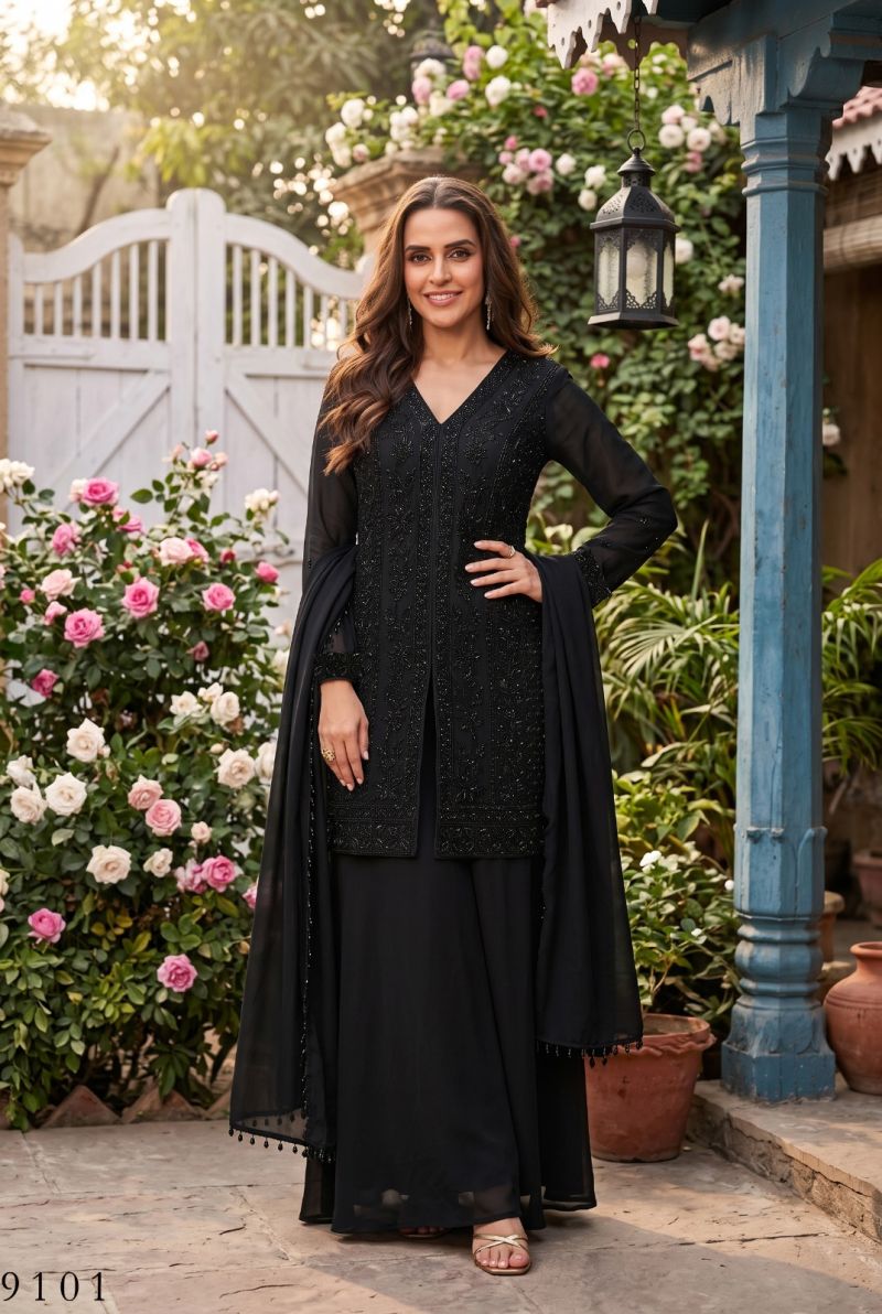 Aurraa Servani Chinon Beads Work Kurti With Sharara Dupatta Set