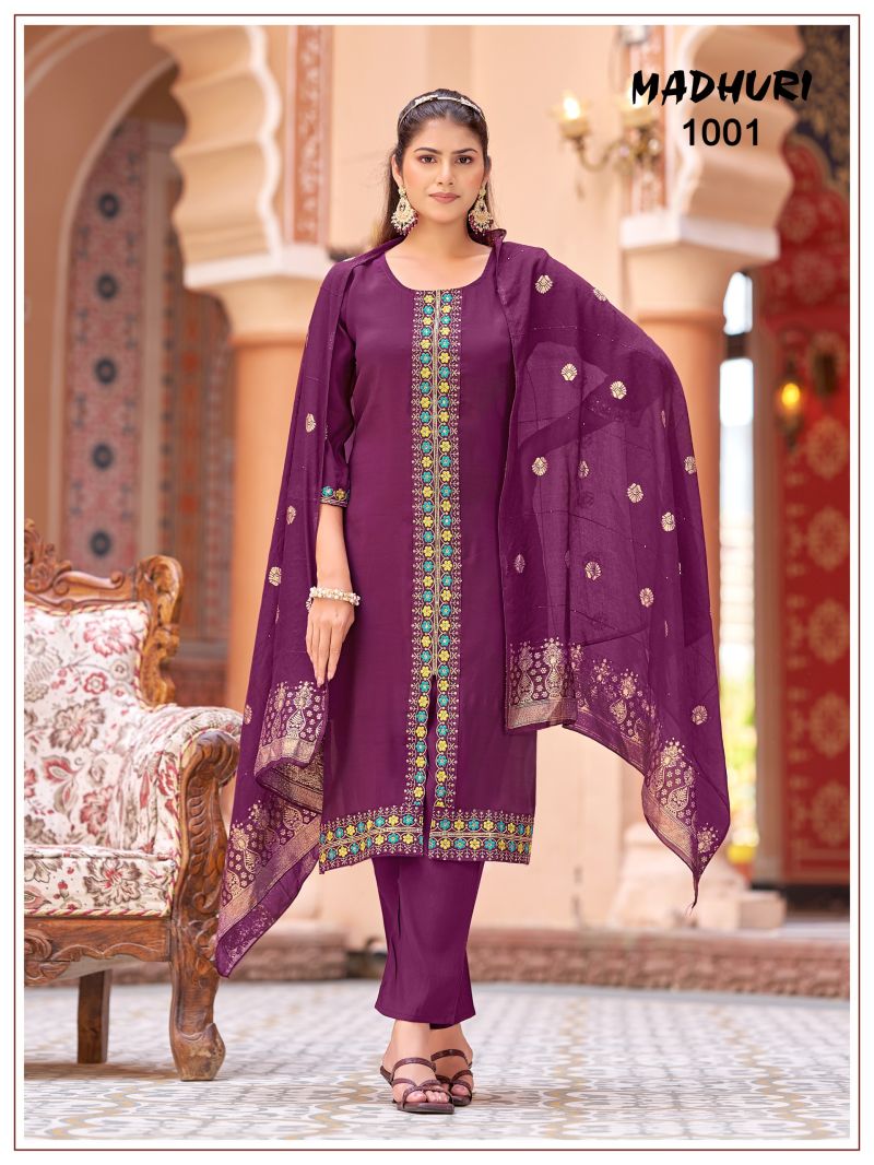 Mukesh Madhuri Mul Chanderi Embroidered Kurti With Bottom Dupatta Set