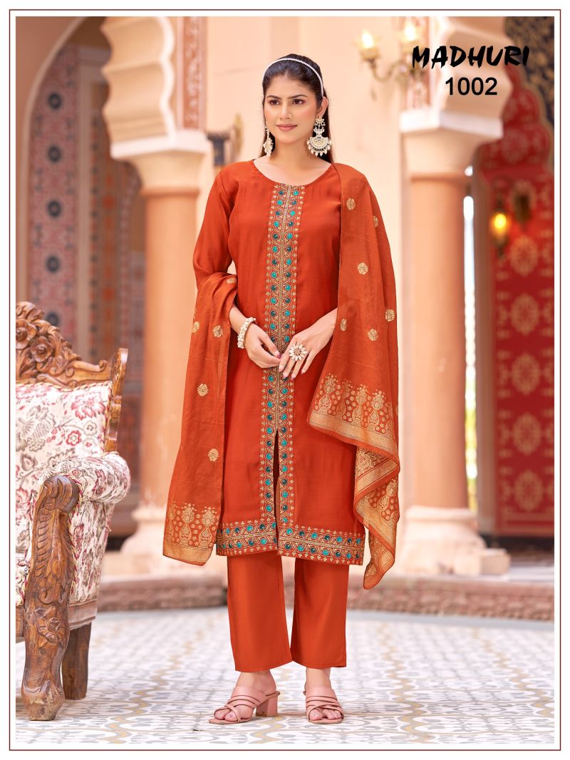 Mukesh Madhuri Mul Chanderi Embroidered Kurti With Bottom Dupatta Set — Wholesale Readymade Suit, Mukesh wholesale from Surat — view 9