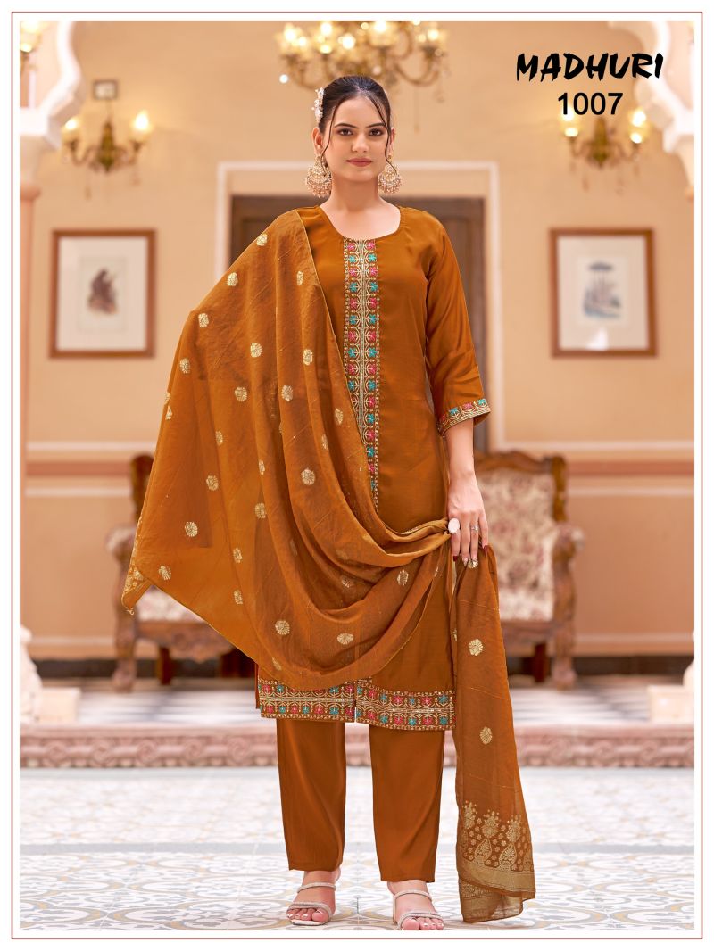 Mukesh Madhuri Mul Chanderi Embroidered Kurti With Bottom Dupatta Set — Wholesale Readymade Suit, Mukesh wholesale from Surat — view 4