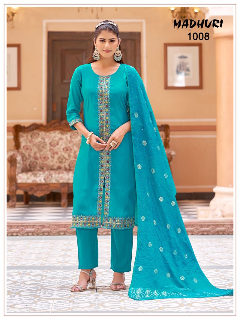 Mukesh Madhuri Mul Chanderi Embroidered Kurti With Bottom Dupatta Set — Wholesale Readymade Suit, Mukesh wholesale from Surat — view 3