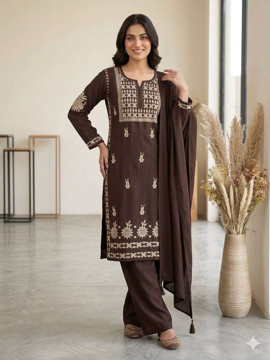 BE 478 Rayon Chikankari Embroidered Top Palazzo with Dupatta Set — Wholesale Salwar Suits, Vardan Ethnic wholesale from Surat — view 3