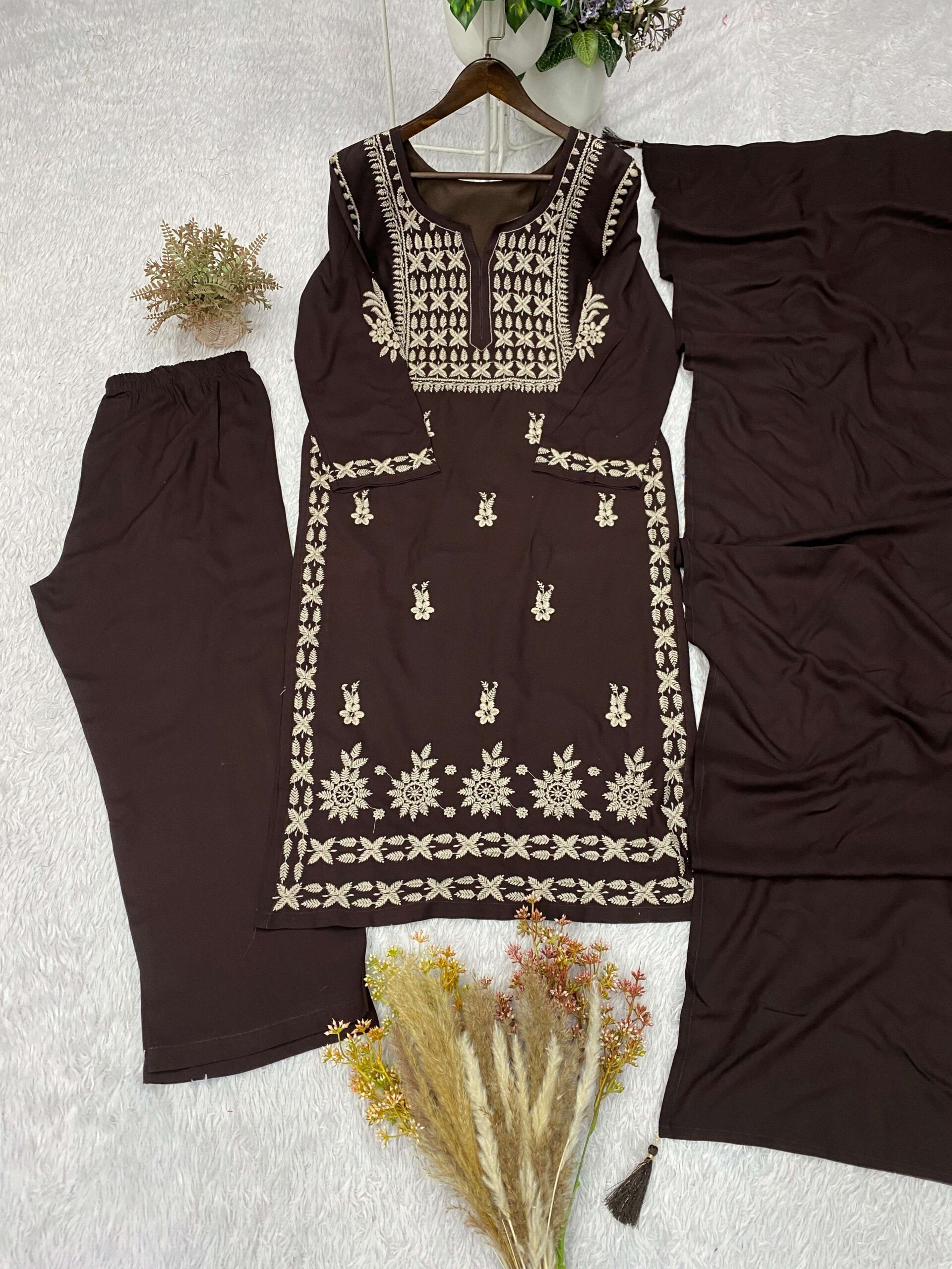 BE 478 Rayon Chikankari Embroidered Top Palazzo with Dupatta Set — Wholesale Salwar Suits, Vardan Ethnic wholesale from Surat — view 2