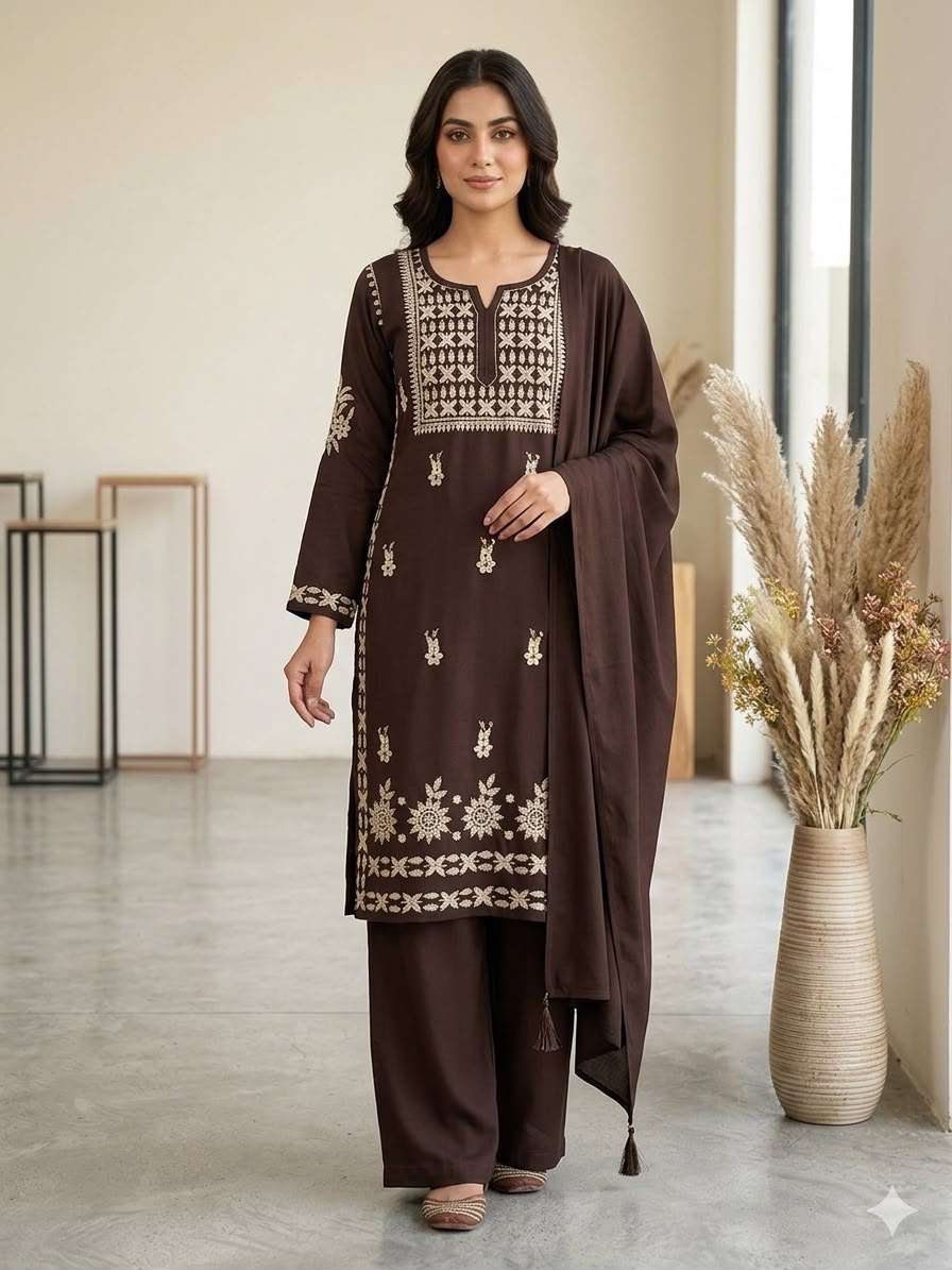 BE 478 Rayon Chikankari Embroidered Top Palazzo with Dupatta Set