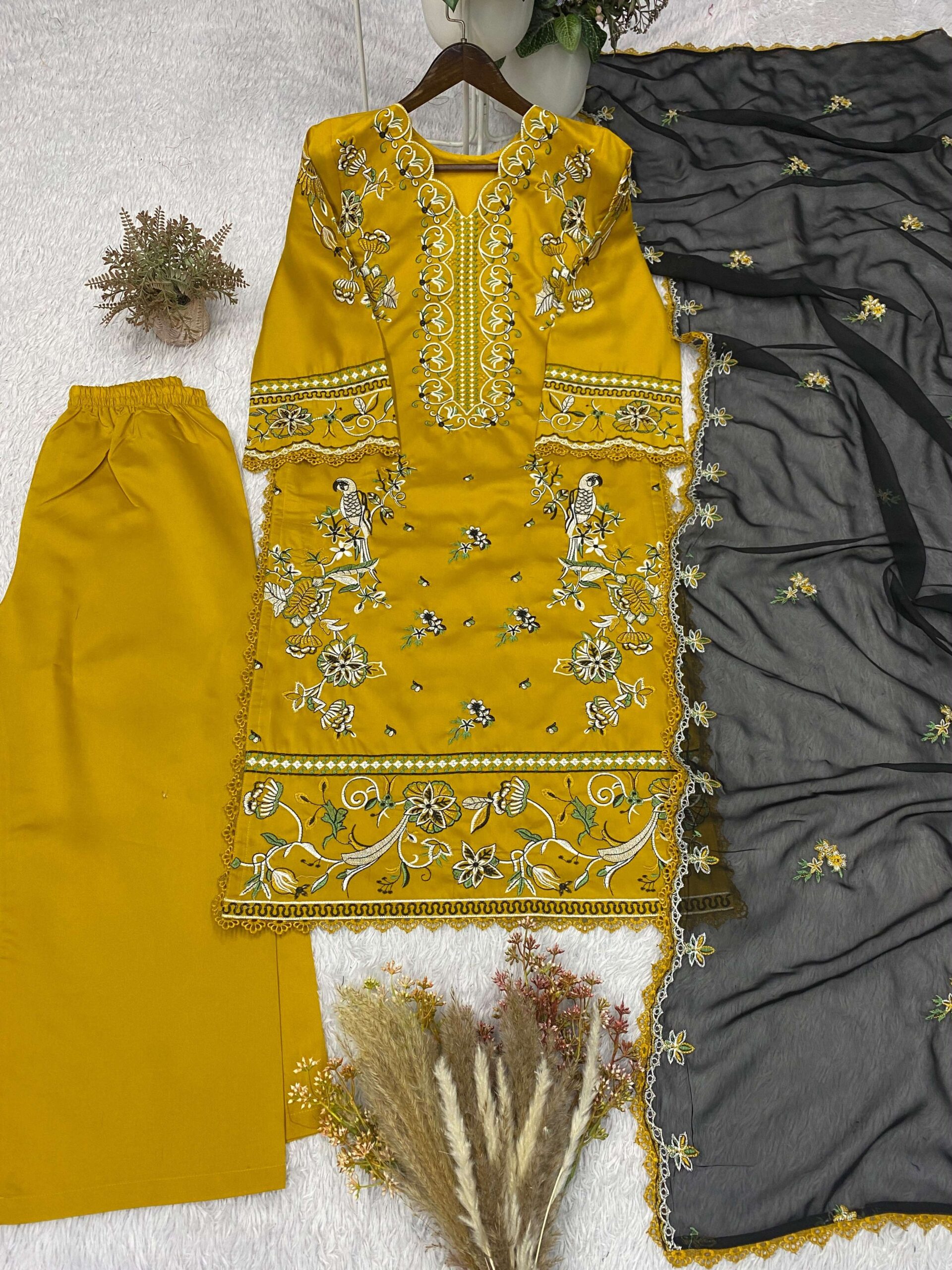 BE 480 ROMAN SILK DESIGNER EMBROIDERED WORKED TOP PLAZZO WITH DUPATTA Set — Wholesale Readymade Suit, Vardan Ethnic wholesale from Surat — view 7