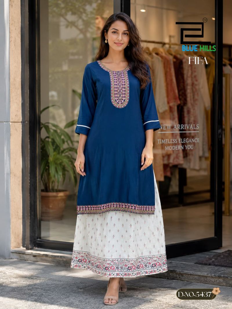 Blue Hills Fifa Embroidered Kurti With Skirt Collection — Wholesale Kurtis, Blue Hills wholesale from Surat — view 3