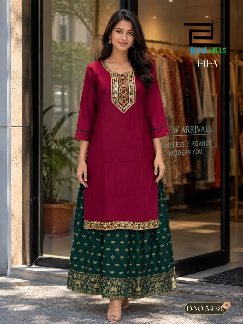 Blue Hills Fifa Embroidered Kurti With Skirt Collection
