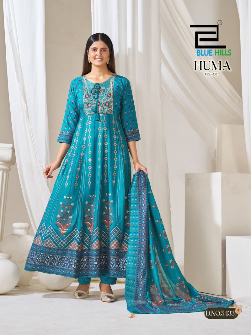Blue Hills Huma Vol 5 Rayon Thread Embroidered Flair Kurti With Bottom Dupatta Set — Wholesale Kurtis, Vardan Ethnic wholesale from Surat — view 2