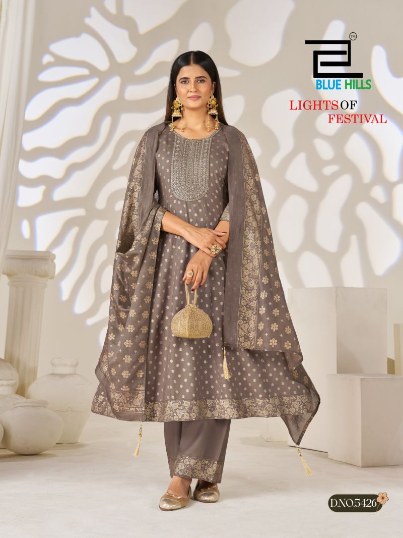 Blue Hills Lights Of Festival Rayon Foil Printed Kurti With Bottom Dupatta Set