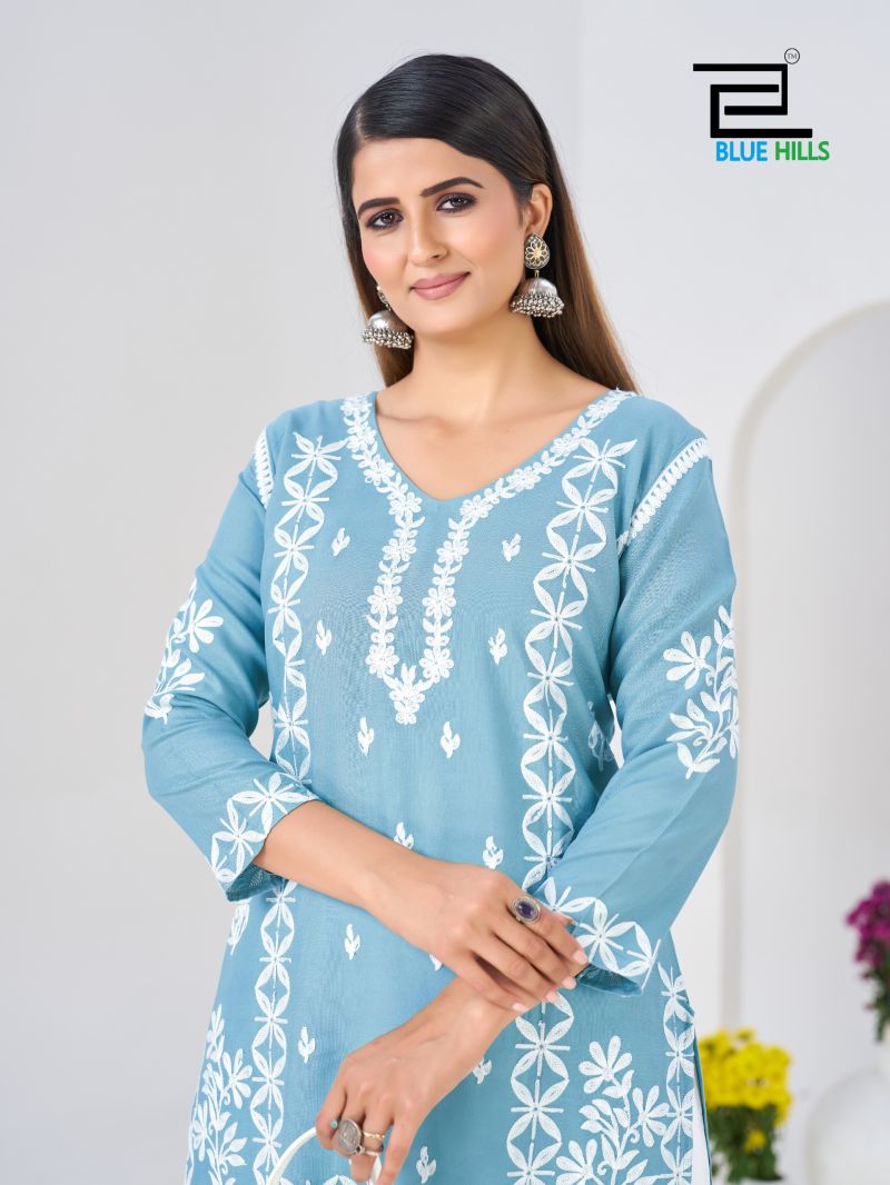 Blue Hills Messi Rayon Thread Work Kurti With bottom Set — Wholesale Kurtis, Blue Hills wholesale from Surat — view 8
