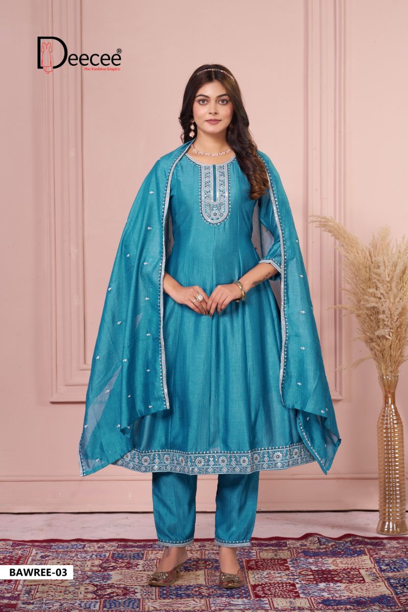 Deecee Bawree Vichitra Silk Embroidered Falared Kurti With Bottom Dupatta Set — Wholesale Readymade Suit, DEECEE wholesale from Surat — view 7