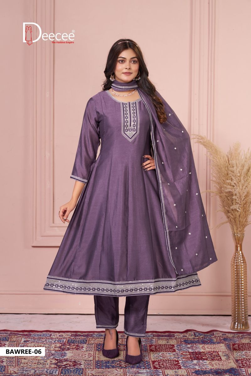 Deecee Bawree Vichitra Silk Embroidered Falared Kurti With Bottom Dupatta Set