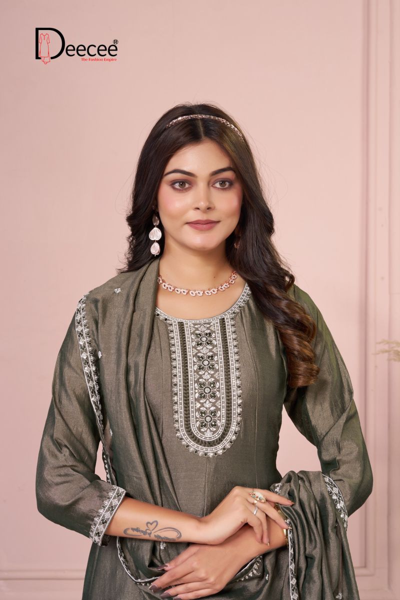 Deecee Bawree Vichitra Silk Embroidered Falared Kurti With Bottom Dupatta Set — Wholesale Readymade Suit, DEECEE wholesale from Surat — view 2