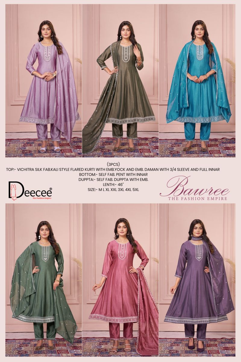 Deecee Bawree Vichitra Silk Embroidered Falared Kurti With Bottom Dupatta Set — Wholesale Readymade Suit, DEECEE wholesale from Surat — view 9