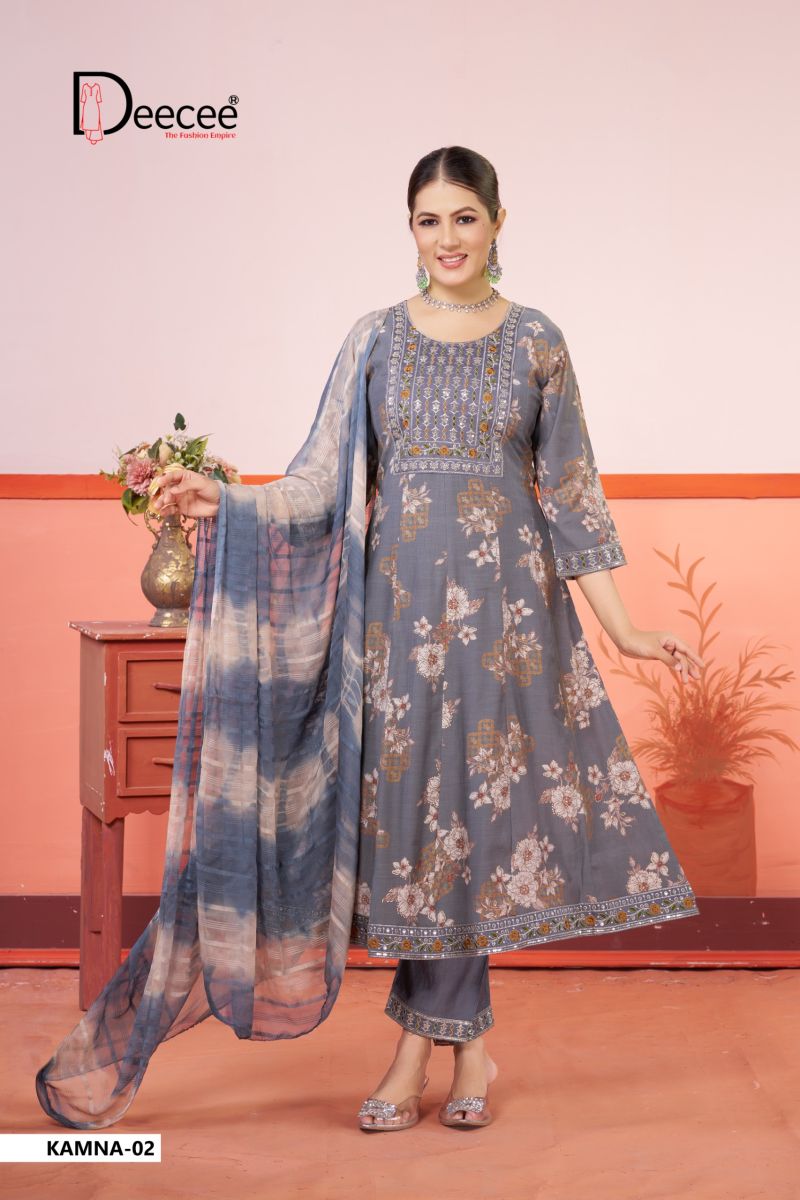 Deecee Kamna Vichitra Silk Embroidered Flared Kurti With Bottom Dupatta Set — Wholesale Readymade Suit, DEECEE wholesale from Surat — view 4