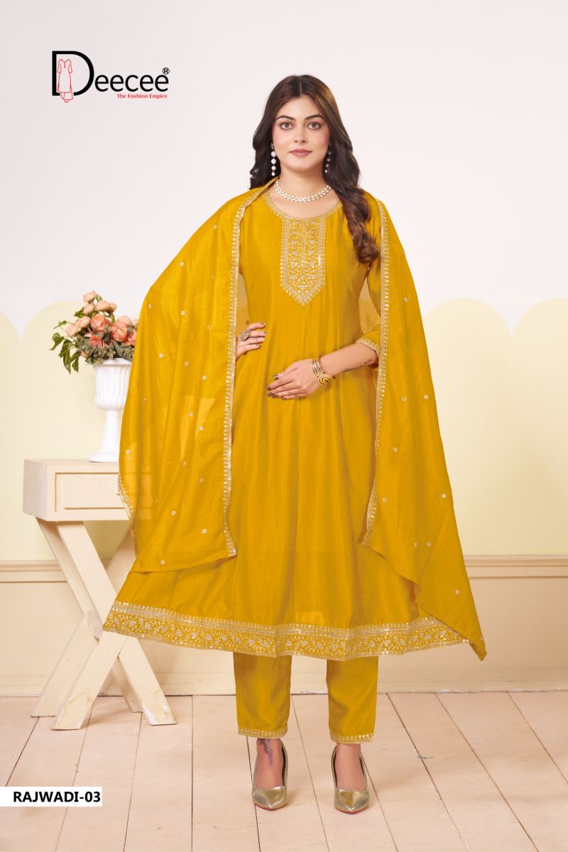 Deecee Rajwadi Vol 1 Vichitra Silk Embroidered Kurti With Bottom Dupatta Catalog — Wholesale Cotton Kurti Pant Set, DEECEE wholesale from Surat — view 5