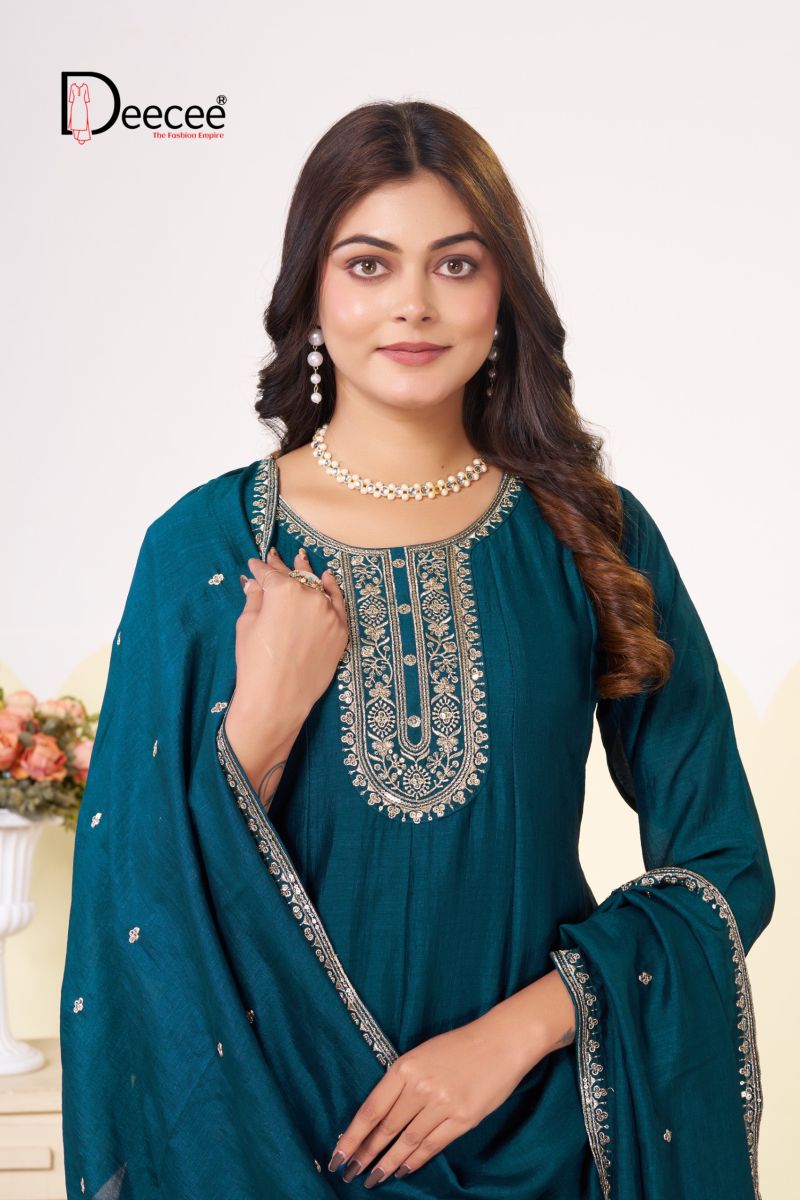 Deecee Rajwadi Vol 1 Vichitra Silk Embroidered Kurti With Bottom Dupatta Catalog — Wholesale Cotton Kurti Pant Set, DEECEE wholesale from Surat — view 8