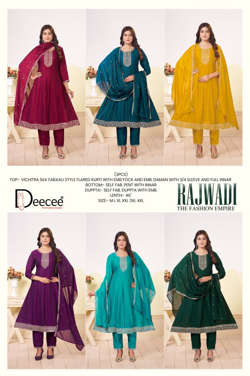 Deecee Rajwadi Vol 1 Vichitra Silk Embroidered Kurti With Bottom Dupatta Catalog — Wholesale Cotton Kurti Pant Set, DEECEE wholesale from Surat — view 9