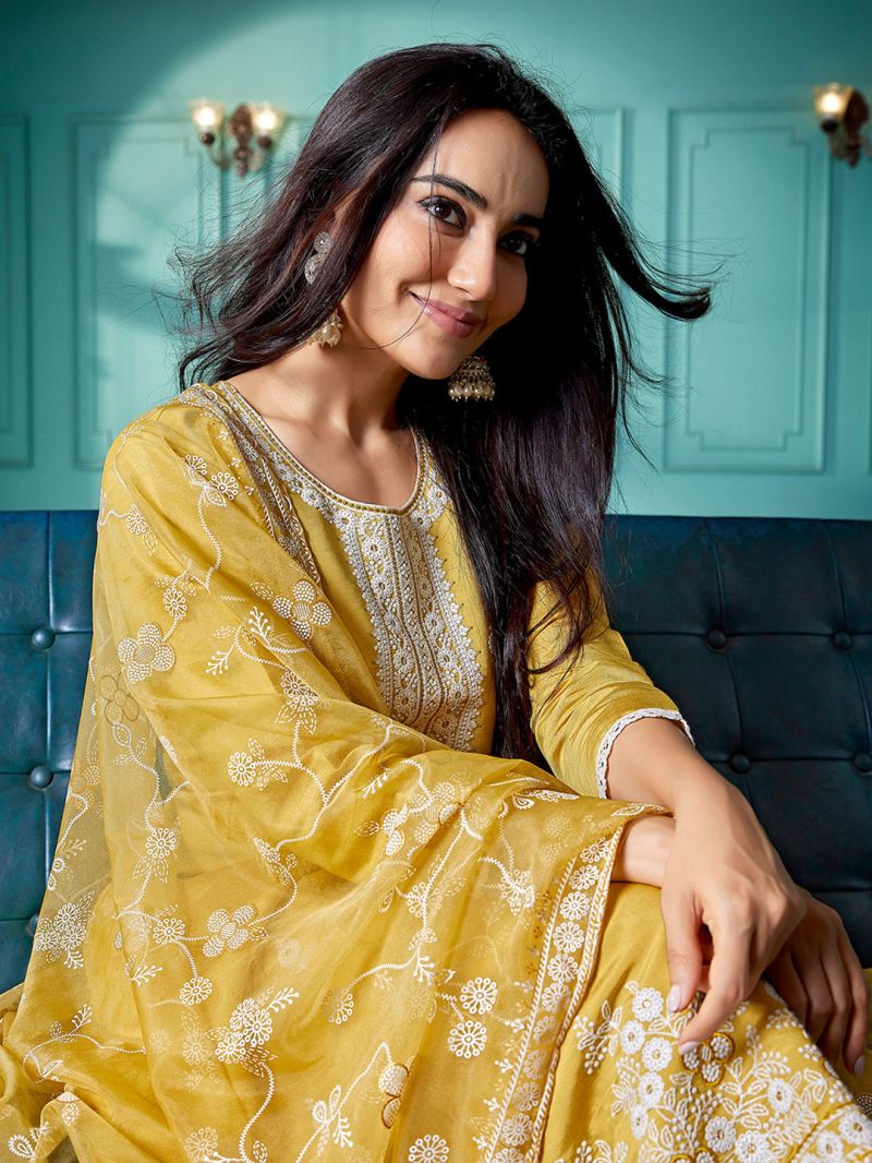 Dhruvi 486 Silk Blend Embroidered Kurti With Pant Dupatta Set — Wholesale Kurtis, Vardan Ethnic wholesale from Surat — view 2
