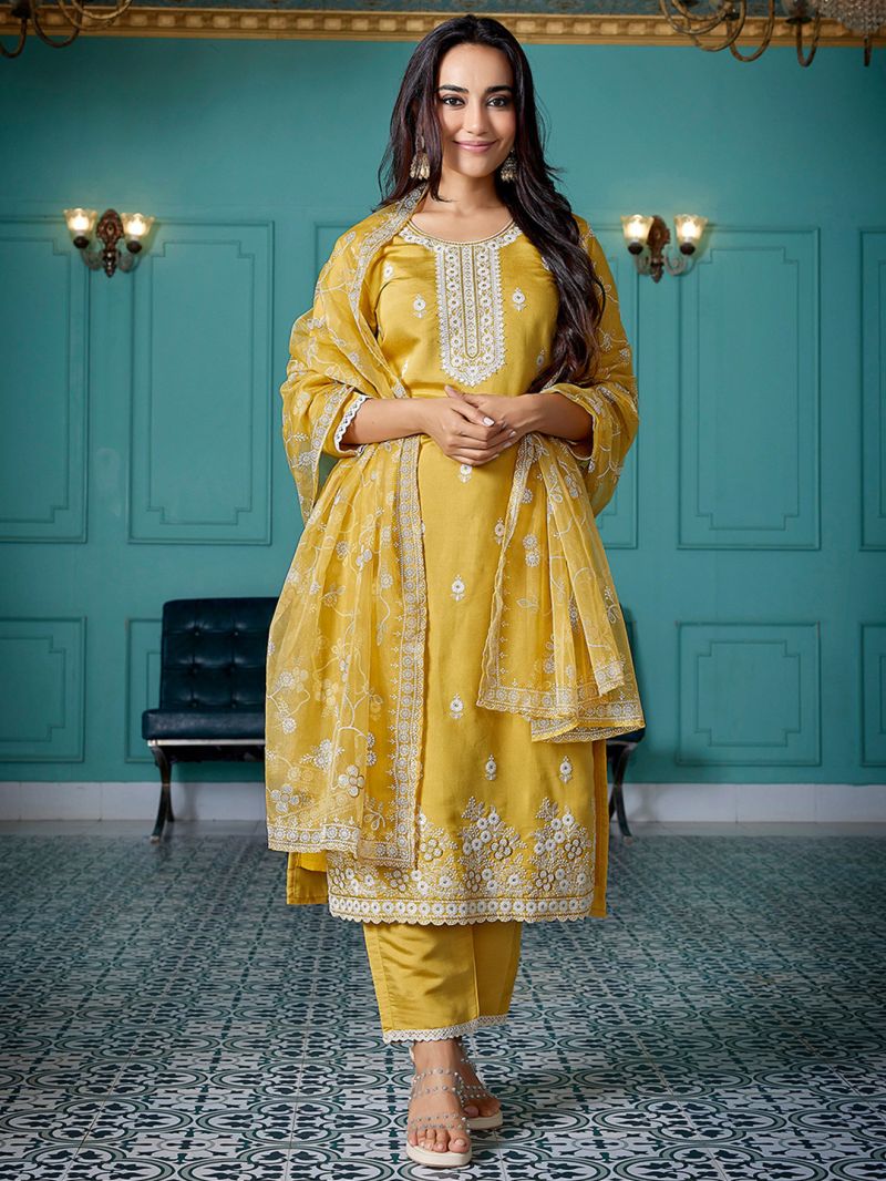 Dhruvi 486 Silk Blend Embroidered Kurti With Pant Dupatta Set