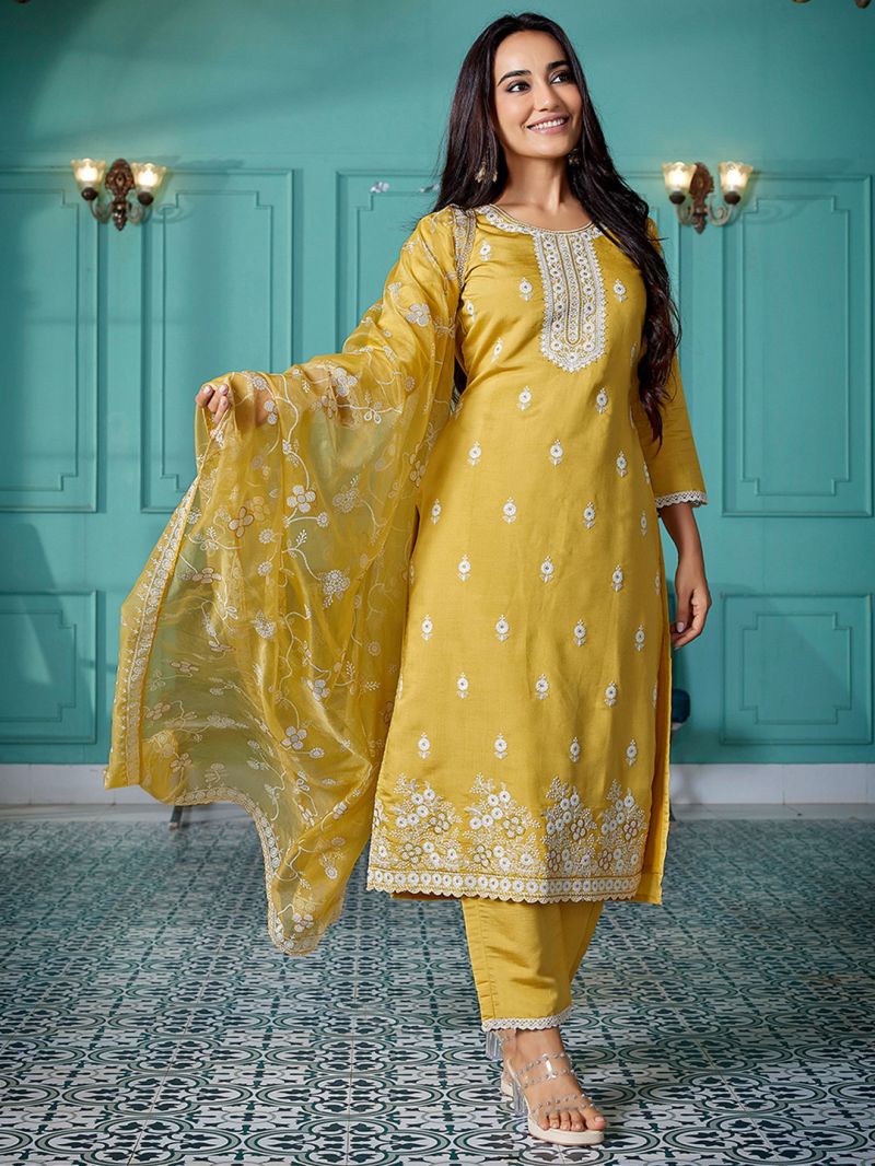 Dhruvi 486 Silk Blend Embroidered Kurti With Pant Dupatta Set — Wholesale Kurtis, Vardan Ethnic wholesale from Surat — view 5