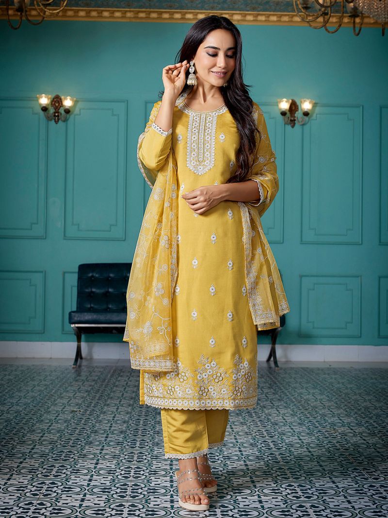 Dhruvi 486 Silk Blend Embroidered Kurti With Pant Dupatta Set — Wholesale Kurtis, Vardan Ethnic wholesale from Surat — view 6