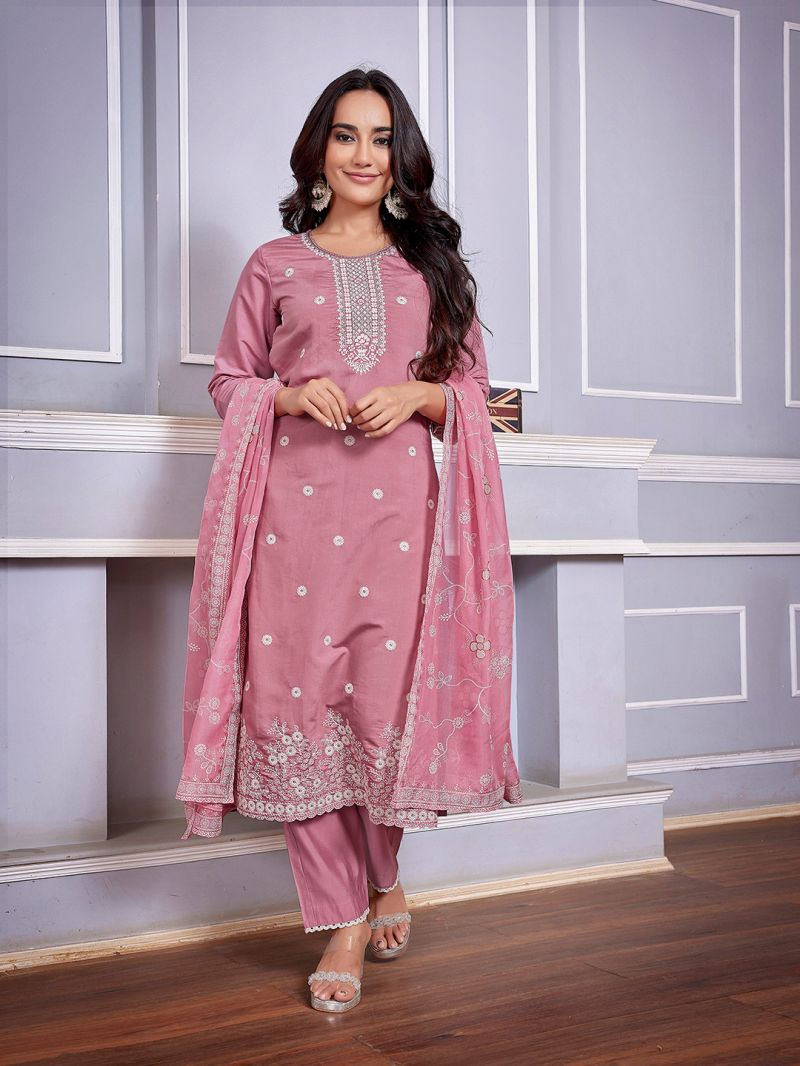 Dhruvi 487 Silk Blend Embroidered Kurti With Pant Dupatta SET
