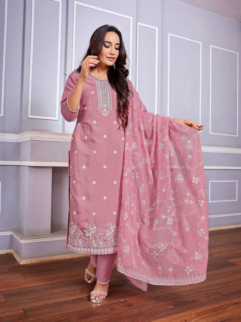 Dhruvi 487 Silk Blend Embroidered Kurti With Pant Dupatta SET — Wholesale Kurtis, Dhruvi wholesale from Surat — view 5