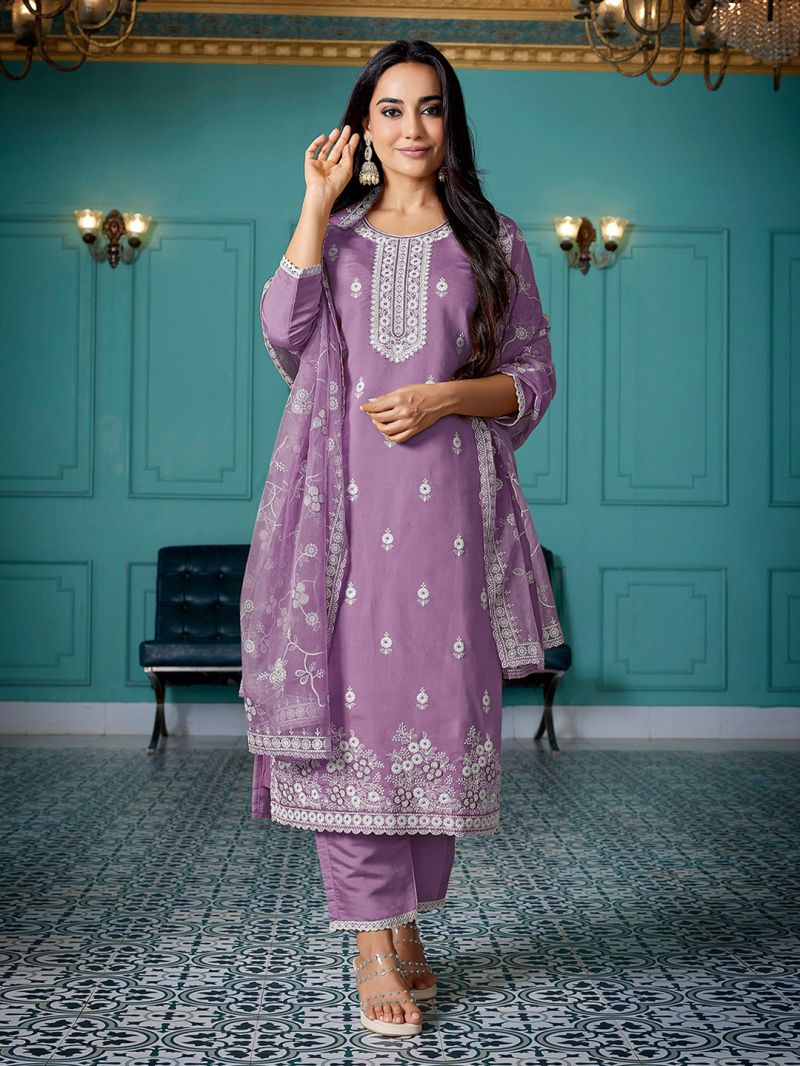Dhruvi 488 Silk Blend Embroidered Kurti With Pant Dupatta Set — Wholesale Kurti Pant Set, Vardan Ethnic wholesale from Surat — view 2