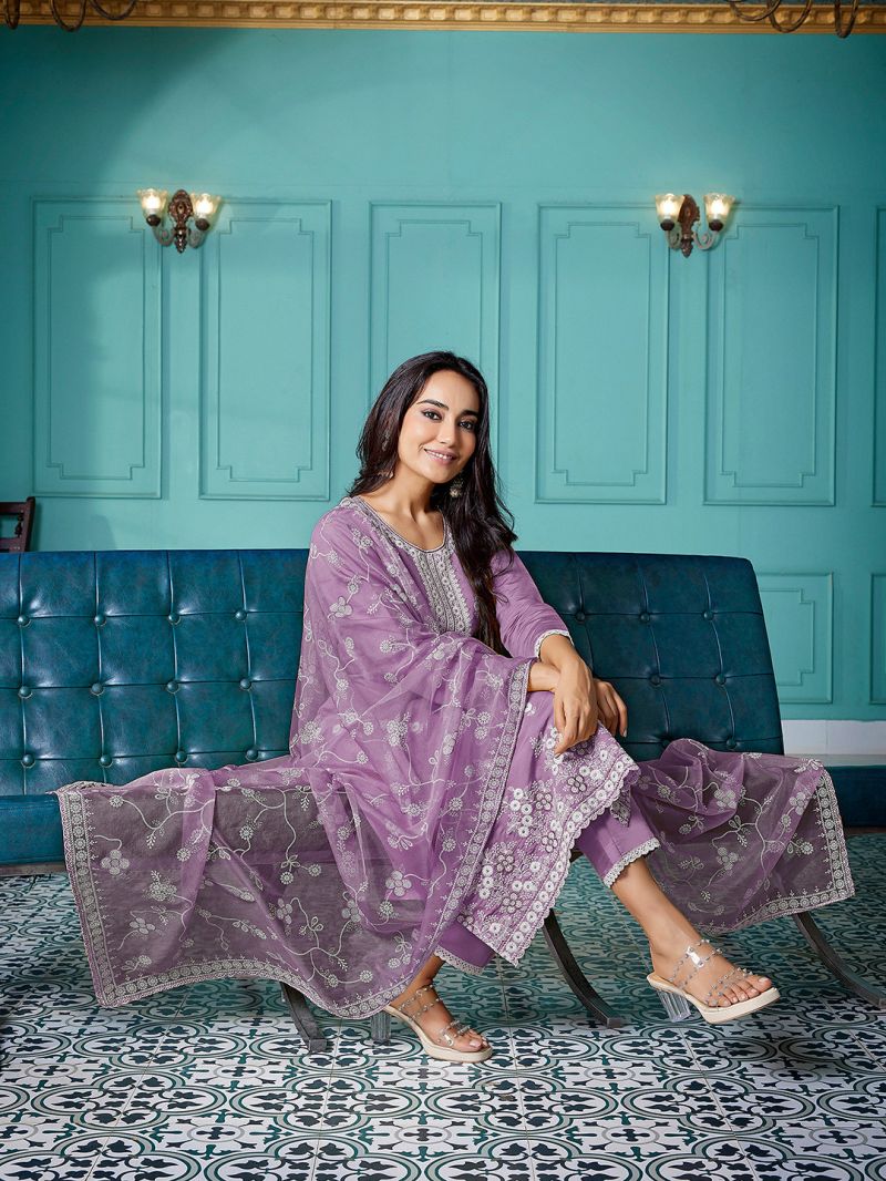 Dhruvi 488 Silk Blend Embroidered Kurti With Pant Dupatta Set — Wholesale Kurti Pant Set, Vardan Ethnic wholesale from Surat — view 3