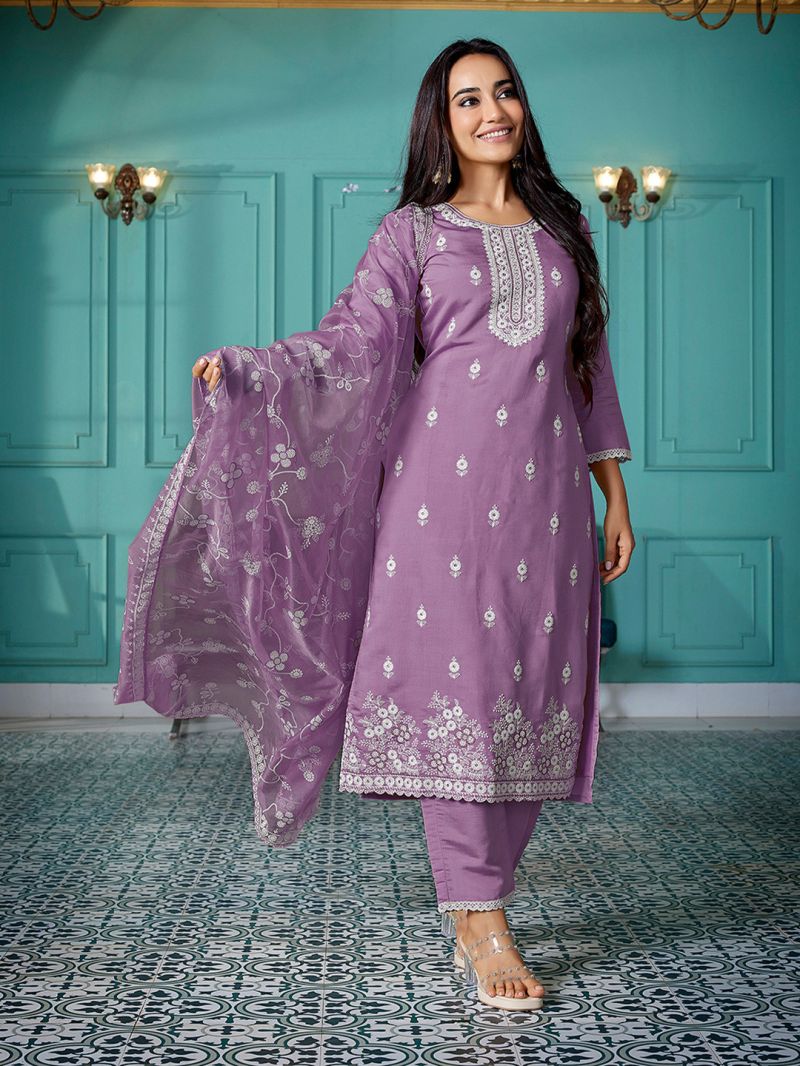 Dhruvi 488 Silk Blend Embroidered Kurti With Pant Dupatta Set — Wholesale Kurti Pant Set, Vardan Ethnic wholesale from Surat — view 4
