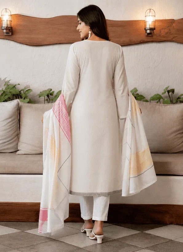 Drd 06 White Cotton Jacquard Printed Kurti Pent With Dupatta Set — Wholesale Cotton Kurti Pant Set, Vardan Ethnic wholesale from Surat — Photo 3