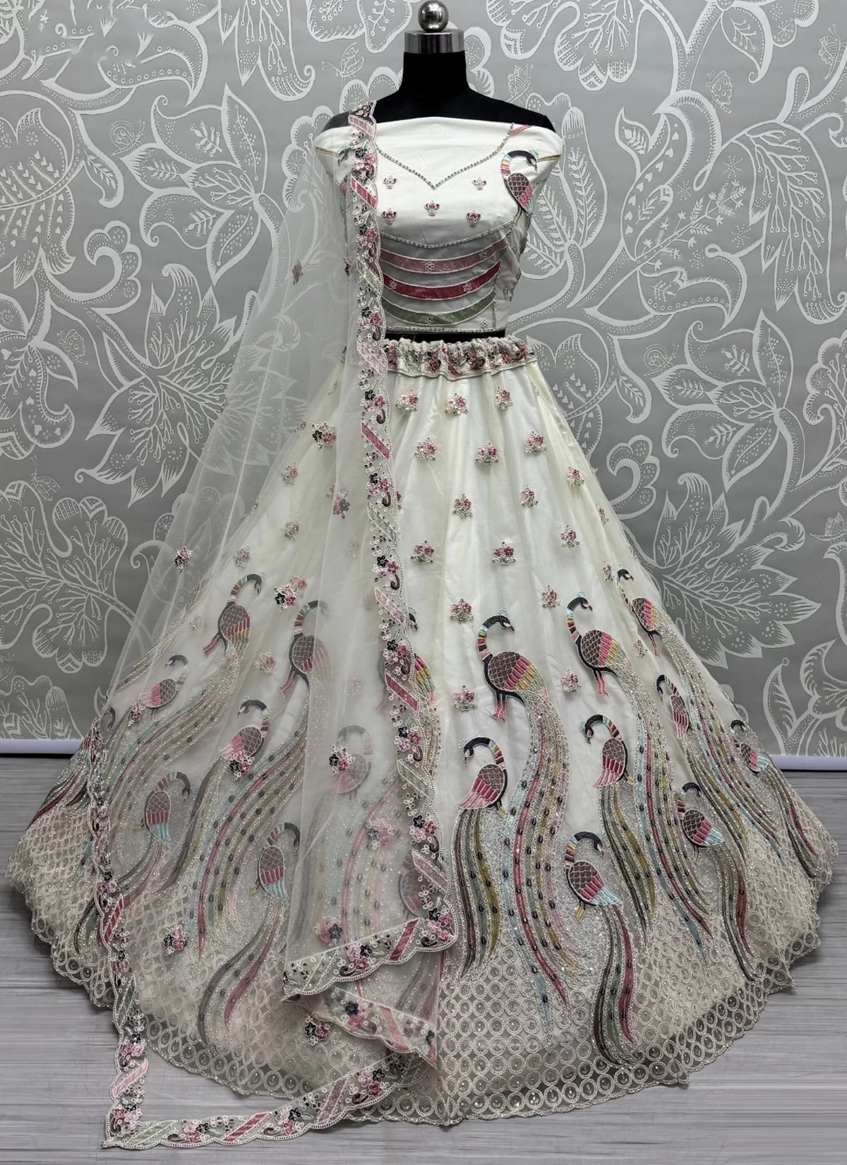 Exclusive Off White Embroidered Net Peacock Designer Lehenga Choli for Women