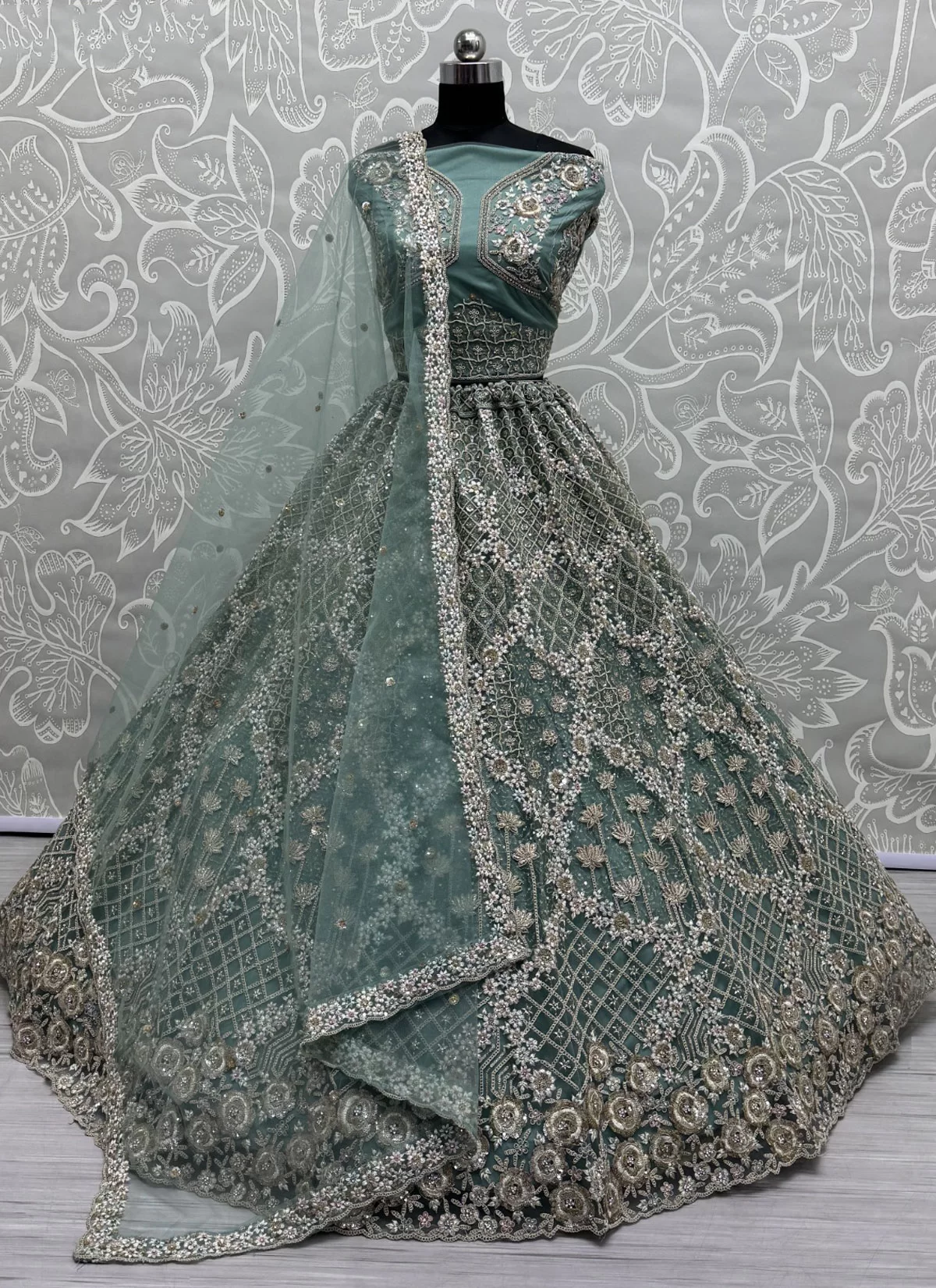 Anjani Art Sea Green Embroidered Work Net Designer Lehenga Choli Set