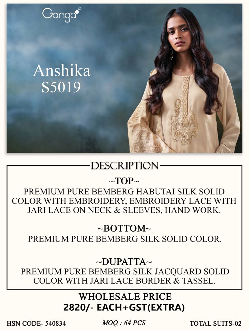 Ganga Anshika 5019 Bemberg Silk Embroidered Salwar Kameez Catalog — Wholesale Salwar Suits, Ganga wholesale from Surat — view 5