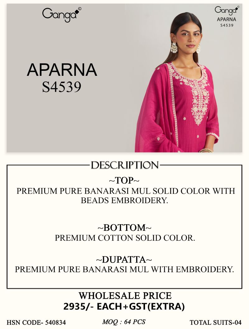 Ganga Aparna 4539 Banarasi Mul Beads Embroidered Salwar Suit — Wholesale Salwar Suits, Ganga wholesale from Surat — view 10