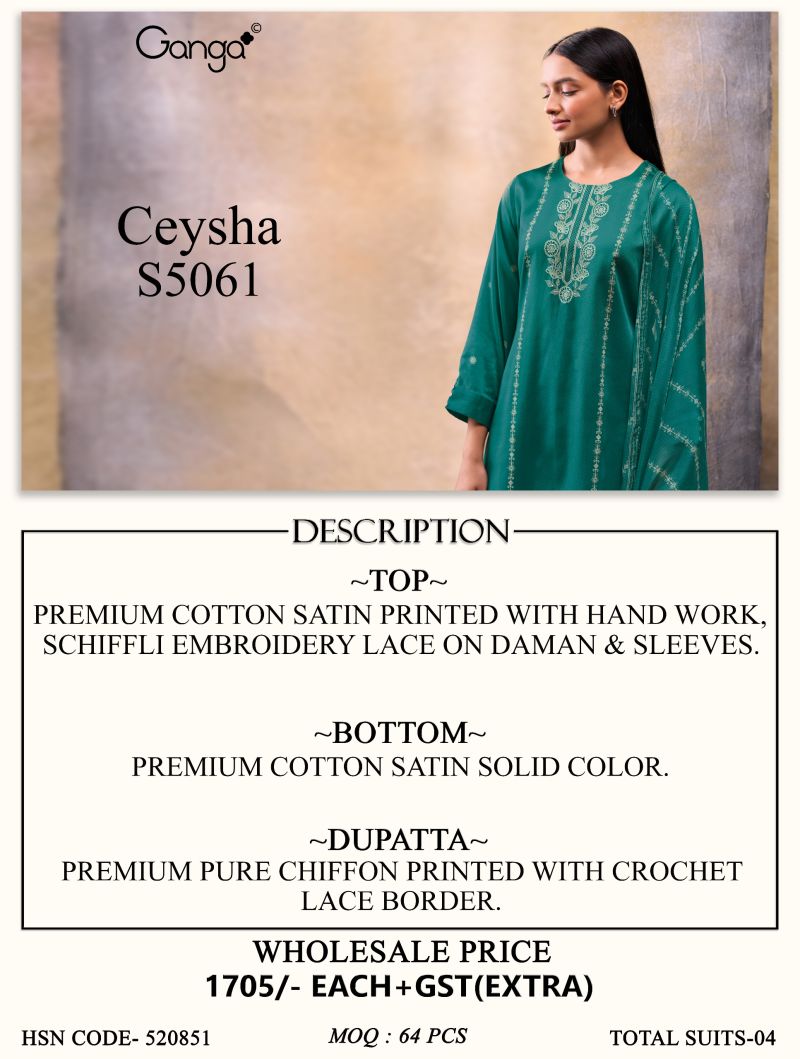 Ganga Ceysha 5061 Cotton Satin Print WIth Hand Work Salwar Kameez Catalog — Wholesale Readymade Suit, Ganga wholesale from Surat — view 9