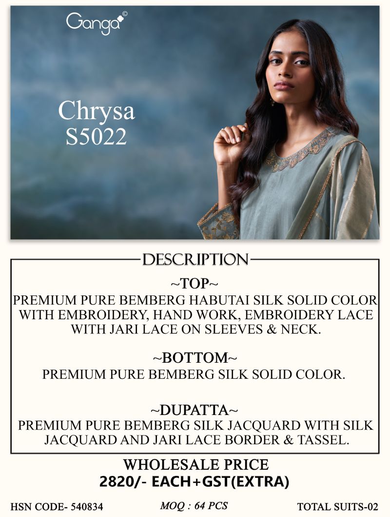Ganga Chrysa 5022 Bemberg Habutai Silk Embroidered Salwar Kameez Catalog — Wholesale Salwar Kameez, Vardan Ethnic wholesale from Surat — view 5