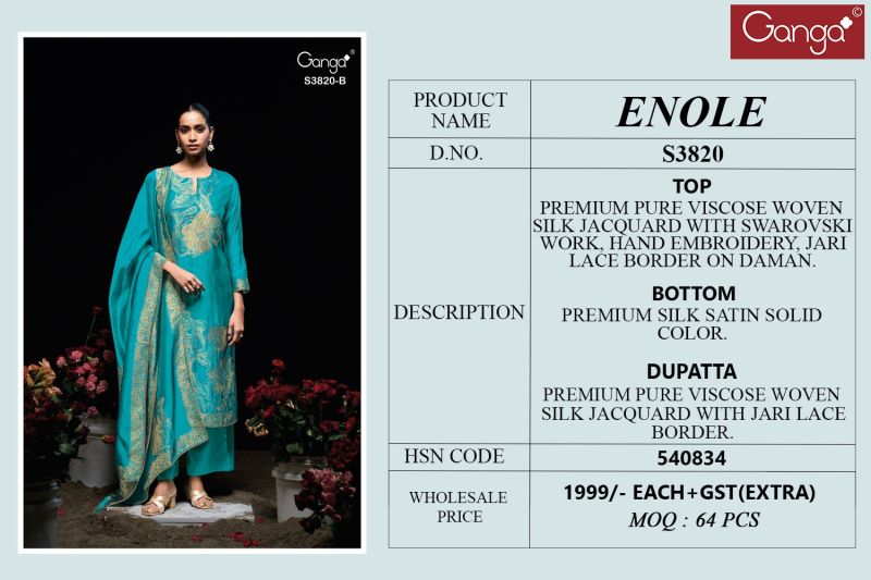 Ganga Enole 3820 Viscose Woven Silk Jacquard Work Salwar Suit — Wholesale Salwar Suits, Ganga wholesale from Surat — view 4