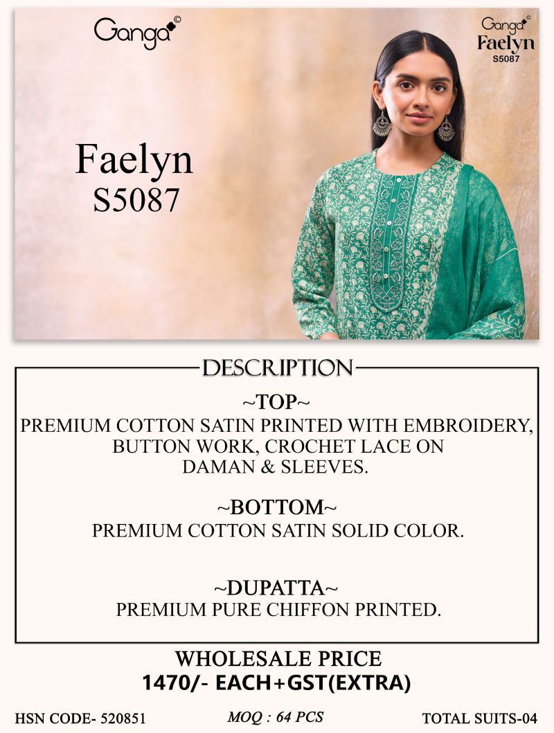 Ganga Faelyn 5087 Cotton Satin Embroidered Salwar Kameez Catalog — Wholesale Dress Material, Ganga wholesale from Surat — view 9